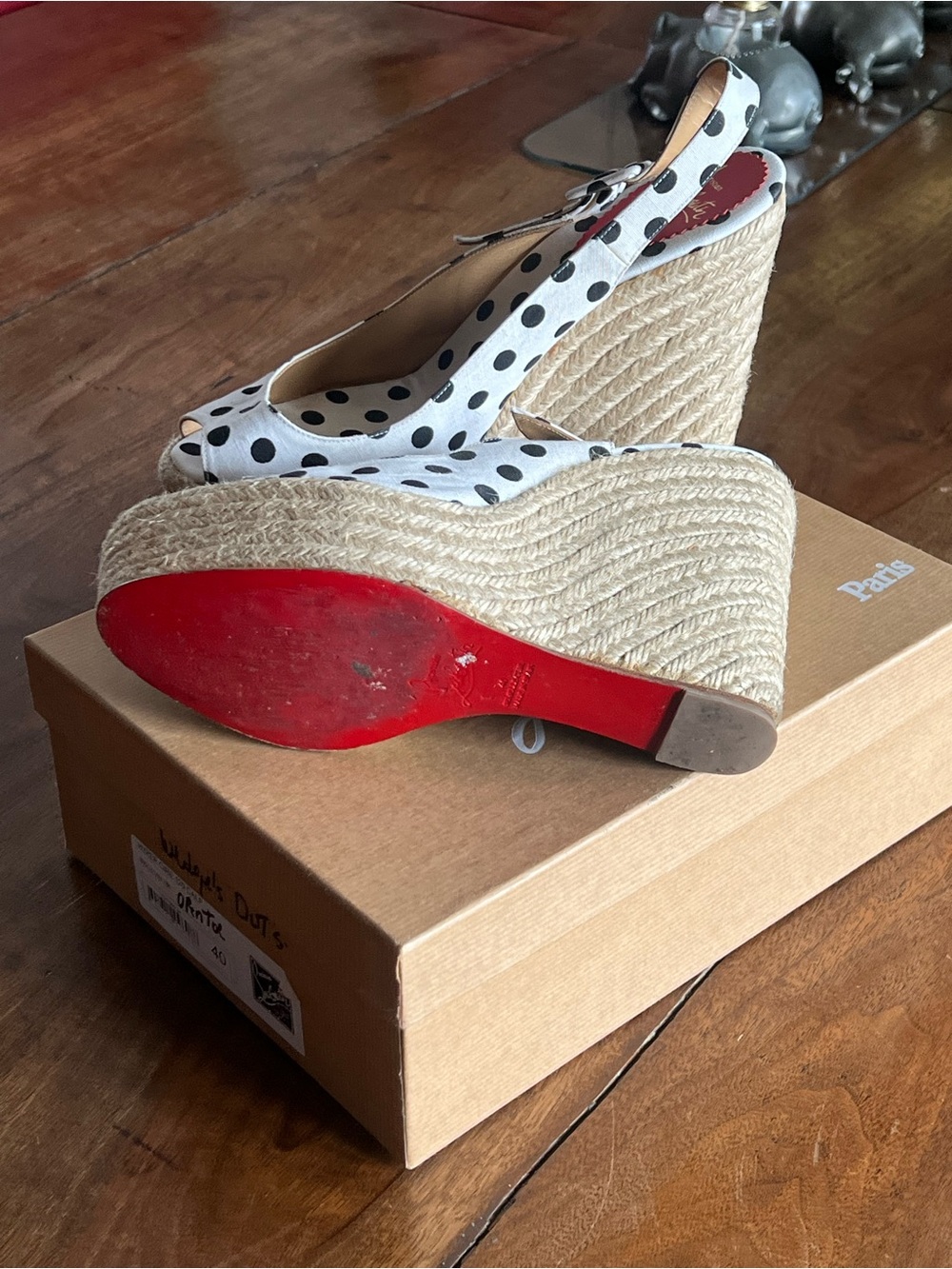 Christian Louboutin White and Black Polka Dot Espadrille Wedge Slingbacks - Picture 2 of 5